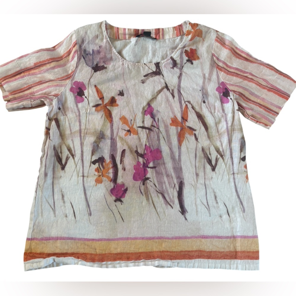 Renuar 100% Linen Floral Blouse Striped Sleeves Boho Artsy Top Size L